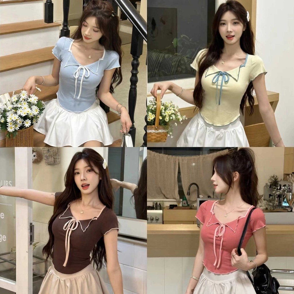 Anne เสื้อยืด ผู้หญิงคอวี แต่งโบว์ ทรงสวย ครอปแขนสั้น เกาหลี สไตล์ลำลอง #FY8K97
