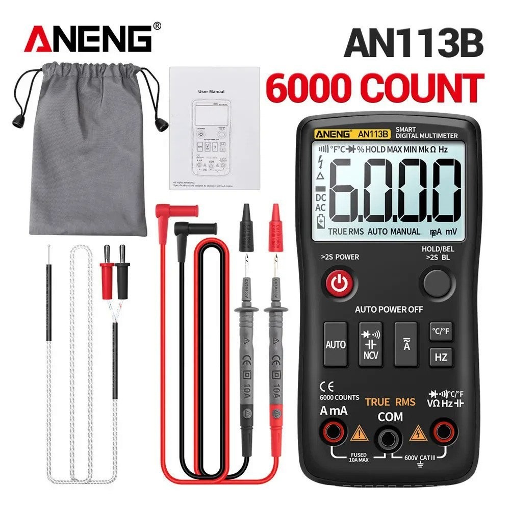 Aneng an113b มัลติมิเตอร์แบบดิจิตอล true rms เครื่องทดสอบอุณหภูมิ 6000 นับ ac/dc โวลต์มิเตอร์ทรานซิส