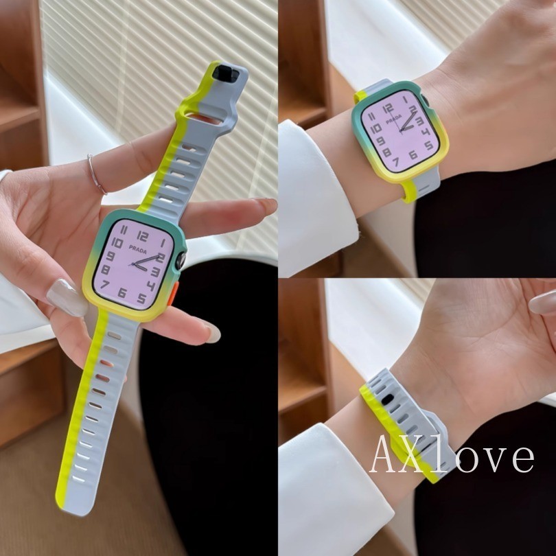 Two Tone Candy เคสซิลิโคน + สายสําหรับ Apple Watch Ultra 2 49 มม.ชุด 9 45 มม.41 มม.ซิลิกาเจล Correa สร้อยข้อมือสําหรับ iwatch 8 7 SE 6 5 4 44 มม.40 มม.