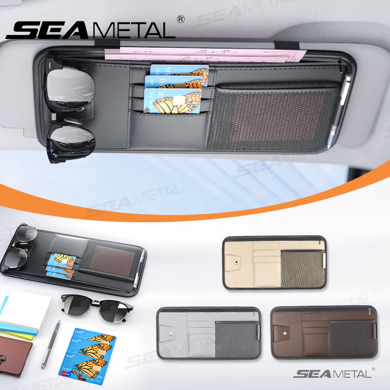 Seametal กล่องเก็บของที่บังแดดรถยนต์ภายในอัตโนมัติแว่นตากันแดดกรณีผู้ถือบัตร มัลติฟังก์ชัน รถแผ่นบังแดด กระเป๋าเก็บของ