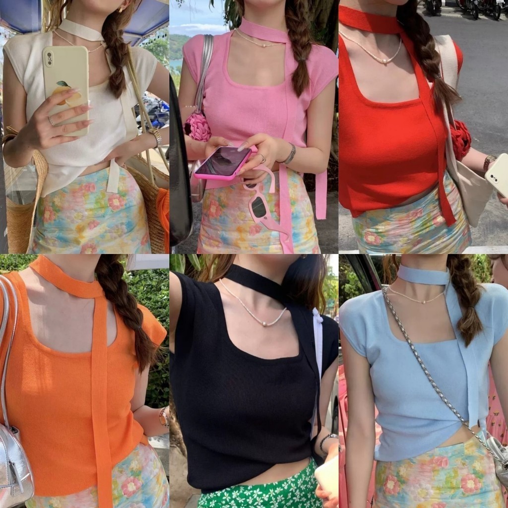 Elves พร้อมส่ง เก๋ไก๋ สดใส เสื้อกล้ามไหมพรม มินิมอล สีจี๊ดจ๊าด แถมสายคาดคอเก๋ ใส่สบาย แมทช์ง่าย ลุคน่ารัก"YT18"