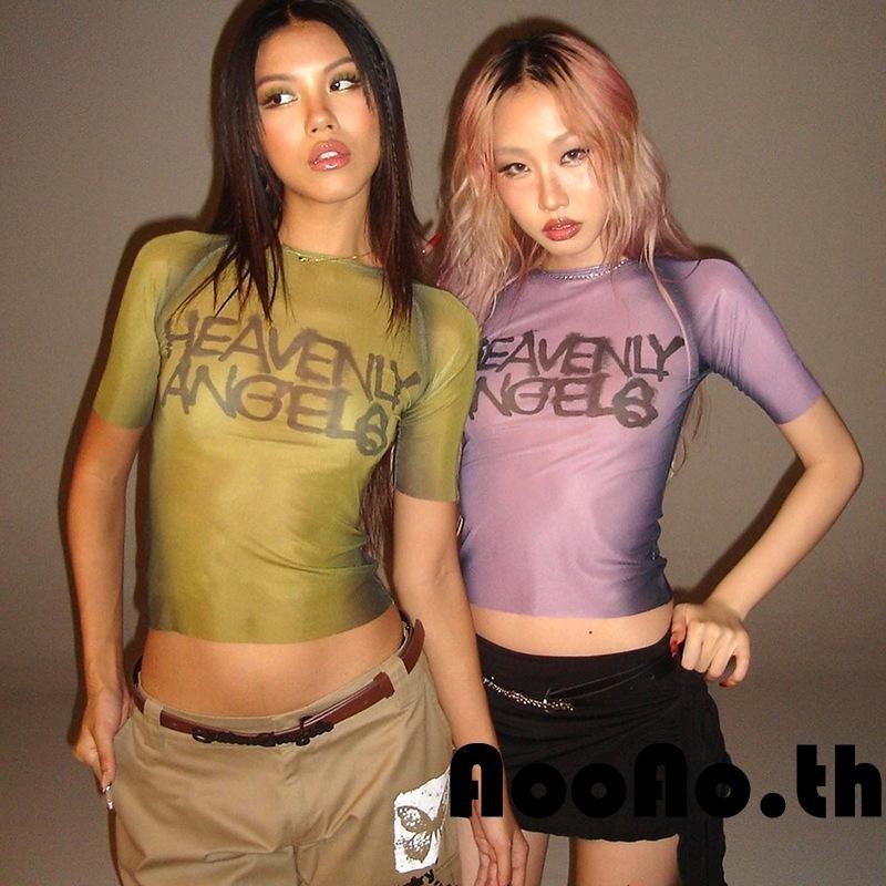 Aooao-เสื้อครอปผู้หญิงแขนสั้นคอกลมพิมพ์ลายตัวอักษรเสื้อยืดตาข่ายครอป