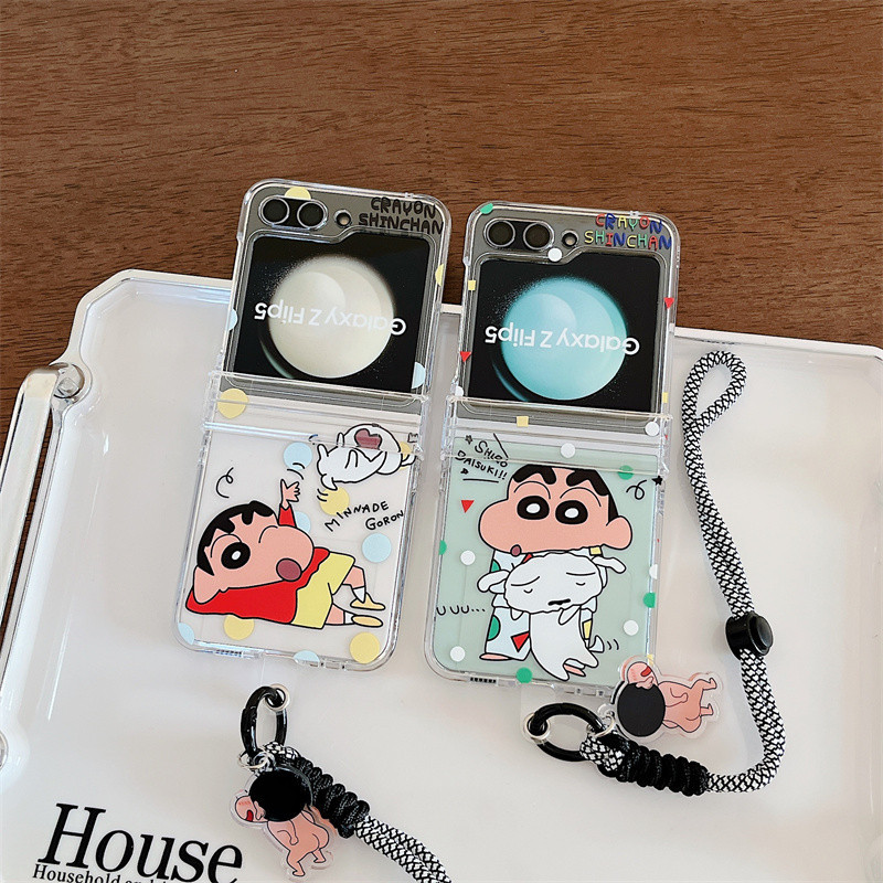 Samsung Z Flip 6/5/4/3 การ์ตูน Caryon Shinchan 3-in-1 Hard โปร่งใสอะคริลิคกรณีไนลอนพวงกุญแจ Lanyard สายคล้องโทรศัพท์สําหรับ Galaxy Z Flip 6 Flip 5 Clear Cover