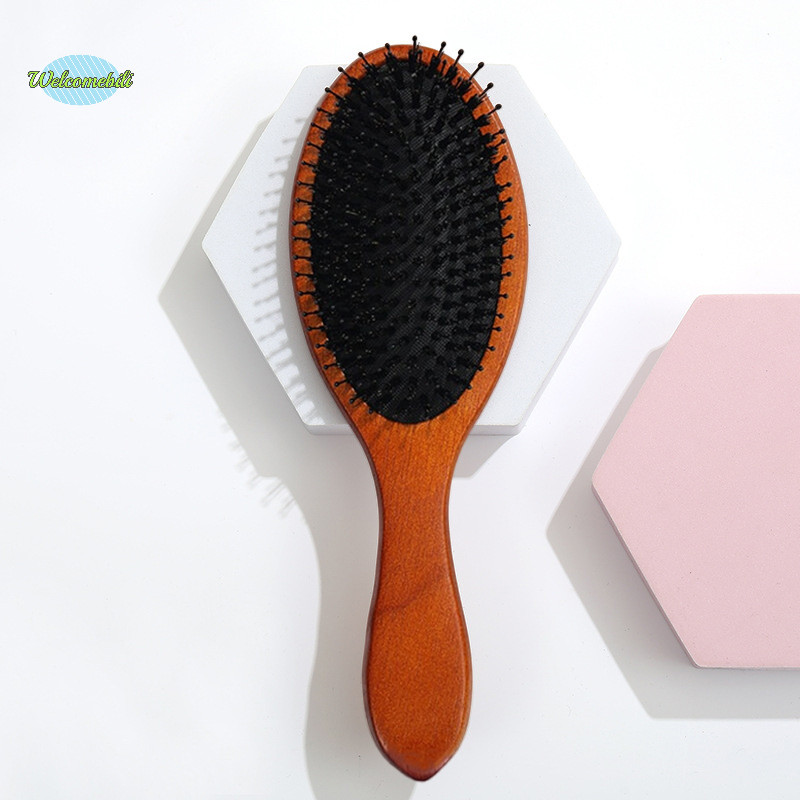 [Welcomebili] แปรงผม Boar Bristle หวีนวด Anti-static Hair Scalp Paddle แปรงจัดแต่งทรงผม Detangling ยืดหวีสีน้ําตาลใหม่
