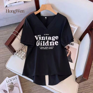 M-4xl แฟชั่น V คอเสื้อยืดผู้หญิงขนาดใหญ่กลับ Slit แขนสั้นเกาหลีรุ่นหลวม Slimmer ดูฝาครอบ