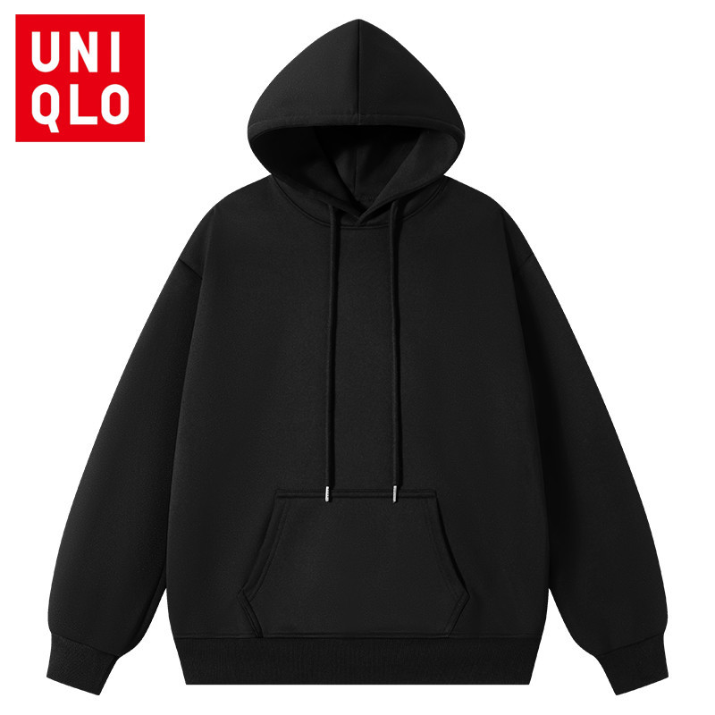 Uniqlo เสื้อสเวตเตอร์สีทึบแขนยาวผู้ชายมีฮู้ดแบบบาง