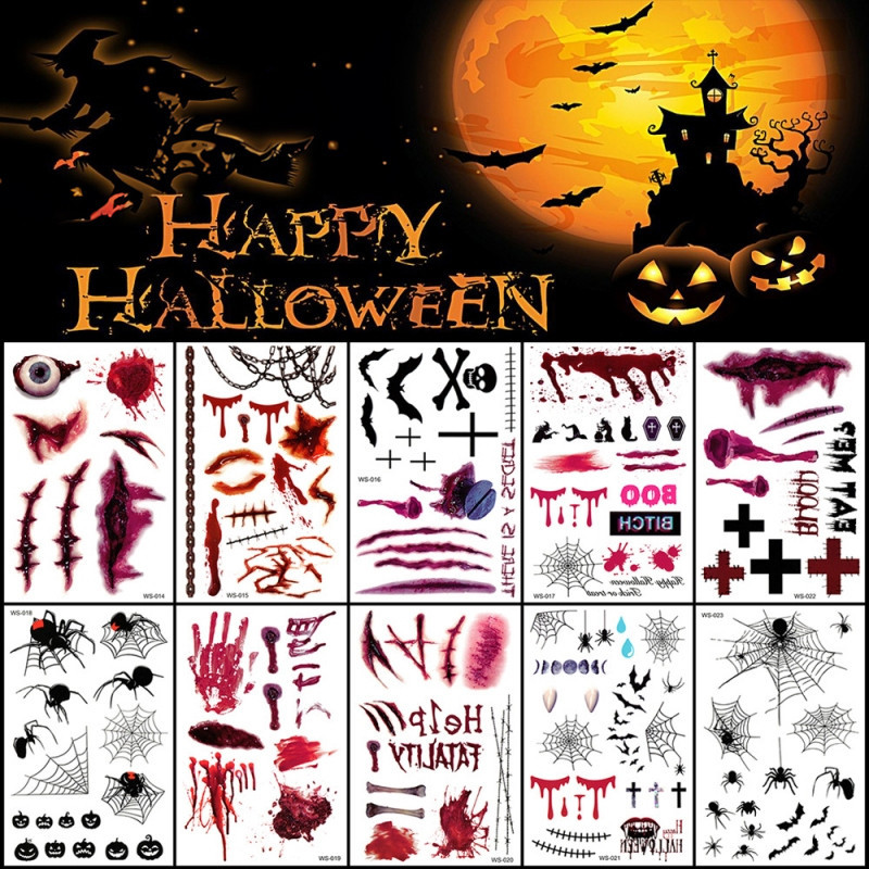 10 ชิ้น/เซ็ตฮาโลวีน Bloody Wound Tattoo สติกเกอร์ DIY จําลองรอยแผลเป็น Tattoo ฮาโลวีน Party Decor