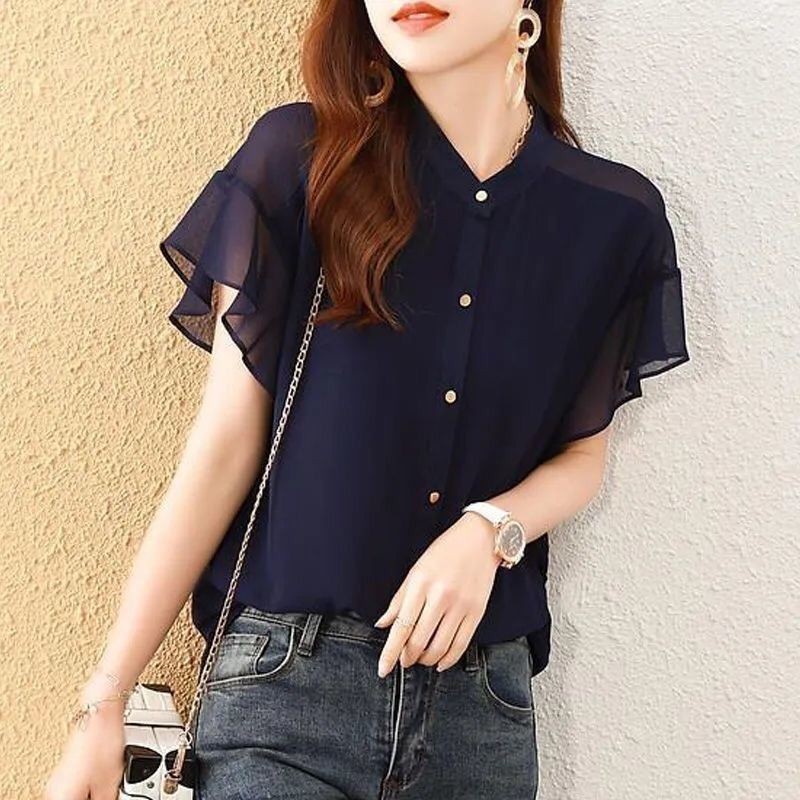 เสื้อคอกลมระบาย เสื้อเบลาส์แขนสั้นผ้าชีฟองสีพื้น ฤดูร้อนสบายๆ สูงสุด