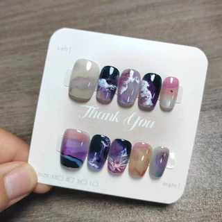 ทําด้วยมือกดบนเล็บ 10 ชิ้นภาพวาดหมึกสไตล์ Cat Eye Design เล็บปลอมพร้อมเจลเยลลี่