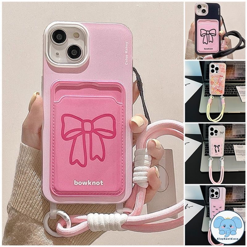 ซื้อ โบว์สีชมพูโบว์สีดำดอกไม้สีสันสองสายคล้องกระเป๋ากระเป๋าใส่บัตร IPhone 16 15 11 14 13 12 Pro Max X XR XS Max 16 15 7 8Plus