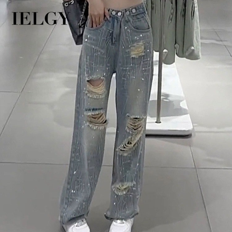 IELGY ใหม่กางเกงยีนส์ขาดเอวสูงออกแบบเพชรแวววาวกางเกงขากว้างทรงตรงสําหรับผู้หญิง