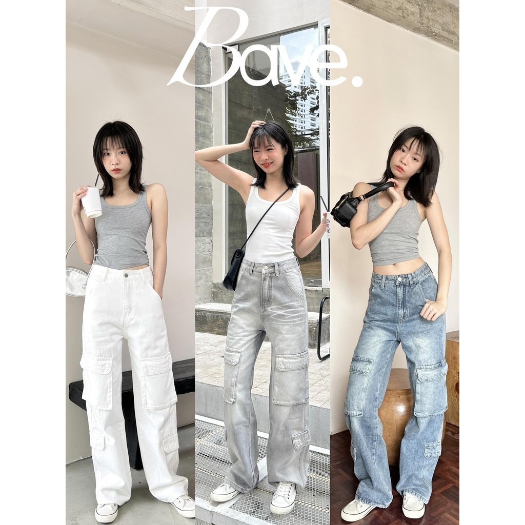 Bave Jeans (Code 51635) กางเกงยีนส์ผู้หญิง ทรงกระบอกคาร์โก้ รุ่นใหม่ ผ้ายีนส์ไม่ยืด เอวสูง เฟดสีสวยสุดๆ