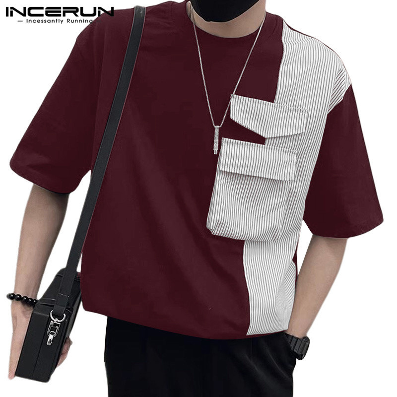 ไม่แน่นอน ผู้ชายแฟชั่นเกาหลีคอกลมลายบล็อกสีแขนสั้นเสื้อยืด