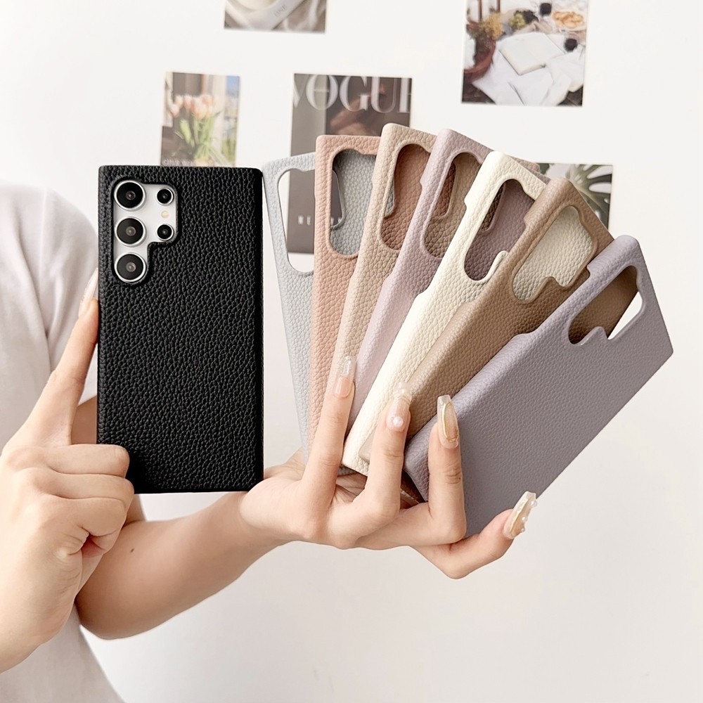 ซองหนังลายลิ้นจี่สําหรับ Samsung Galaxy S24 S23 S22 Plus Ultra S23 FE ด้านล่างที่ว่างเปล่าฮาร์ดฝาครอบโทรศัพท์กันกระแทก