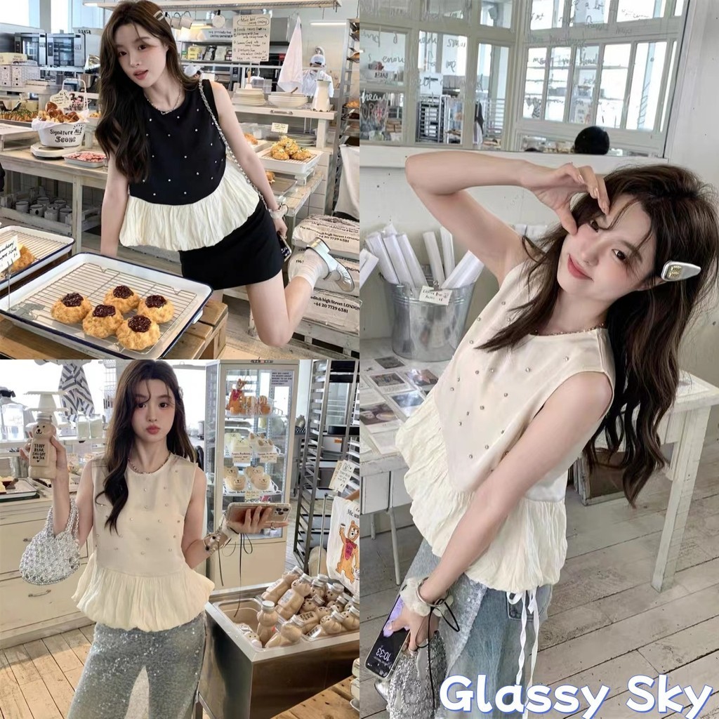 Glassy Sky พร้อมส่ง เสื้อกล้ามไหมพรม คอกลม เกาหลีน่ารักดีเทลแต่งปลายสีครีม สวมใส่สบาย เสื้อแฟชั่น(R27-1)