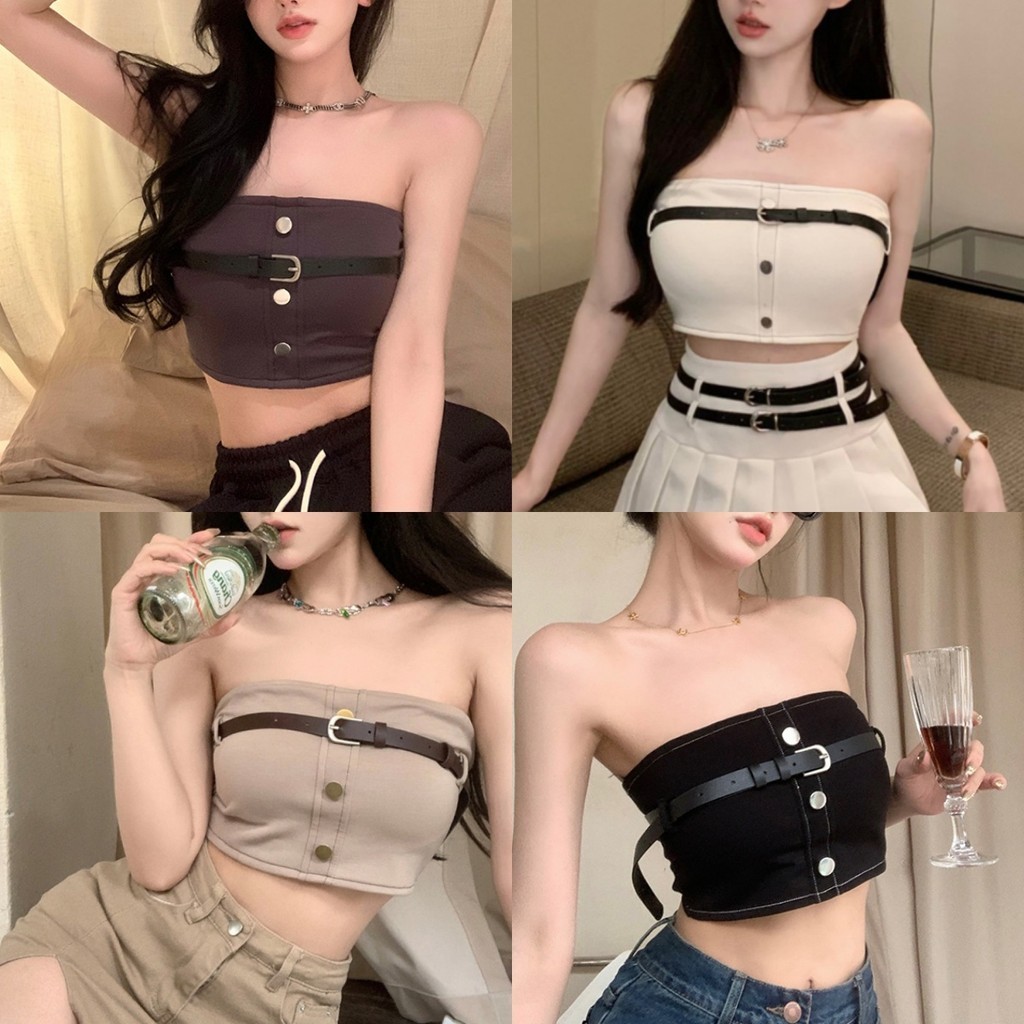 🦋Evelyn🦋เสื้อครอป ผู้หญิง เกาะอก y2k มีฟองน้ำ เซ็กซี่ แถมเข็มขัดแต่งเสริม เสื้อสายเดี่ยว สไตล์ลำลอง 