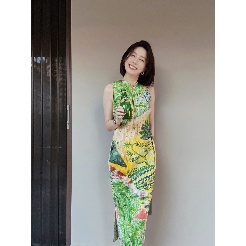 Xyj สไตล์จีบพิมพ์อารมณ์หรูหราความรู้สึกระดับไฮเอนด์หลวม Slimmer ดูอารมณ์รอบคอแขนกุดชุดฤดูร้อน