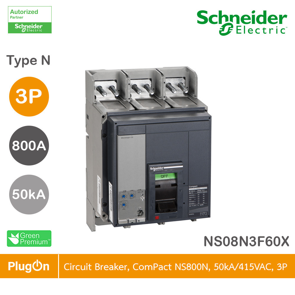 Schneider Electric NS08N3F60X circuit breaker ComPact, 50 kA at 415 VAC, Micrologic 2.0 trip unit, 8