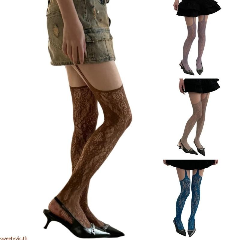 Sweety ผู้หญิงดอกไม้รูปแบบ Fishnet สี Pantyhose สไตล์ญี่ปุ่นต้นขาถุงน่อง Garter เข็มขัด Suspender Tights