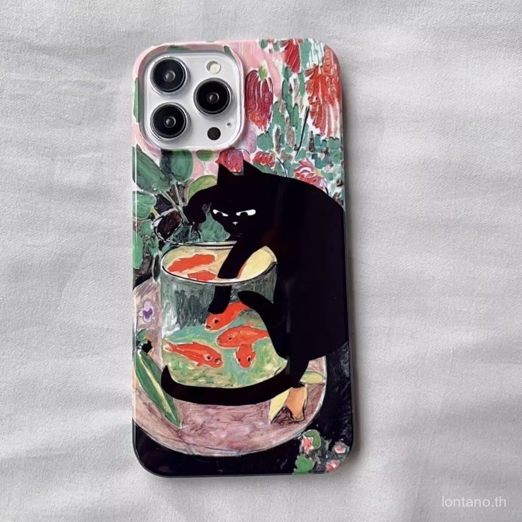 สนุกสร้างสรรค์ภาพวาดสีน้ำมันแมวตกปลาสนุกเคส iPhone เคสป้องกันสำหรับ iPhone 15 14 PRO MAX 13 12 PRO MAX 7 plus เคสแข็งกันตก XS MAX 8 PLUS XR 11 Pro 12 14 PLUS กันฝุ่นกันกระแทก7Smy