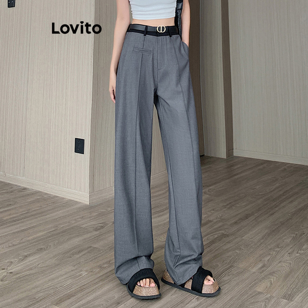 Lovito กางเกงผู้หญิง เย็บตีเกล็ดหน้า แต่งกระเป๋าหลอก สีพื้น สไตล์ลำลอง LNE54192