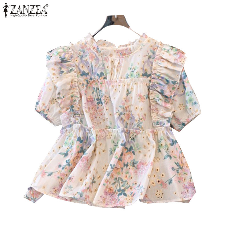 Zanzea ผู้หญิงเกาหลี Casual เชื้อรา Ruffled Edge Ruffles แขนสั้นเสื้อดอกไม้