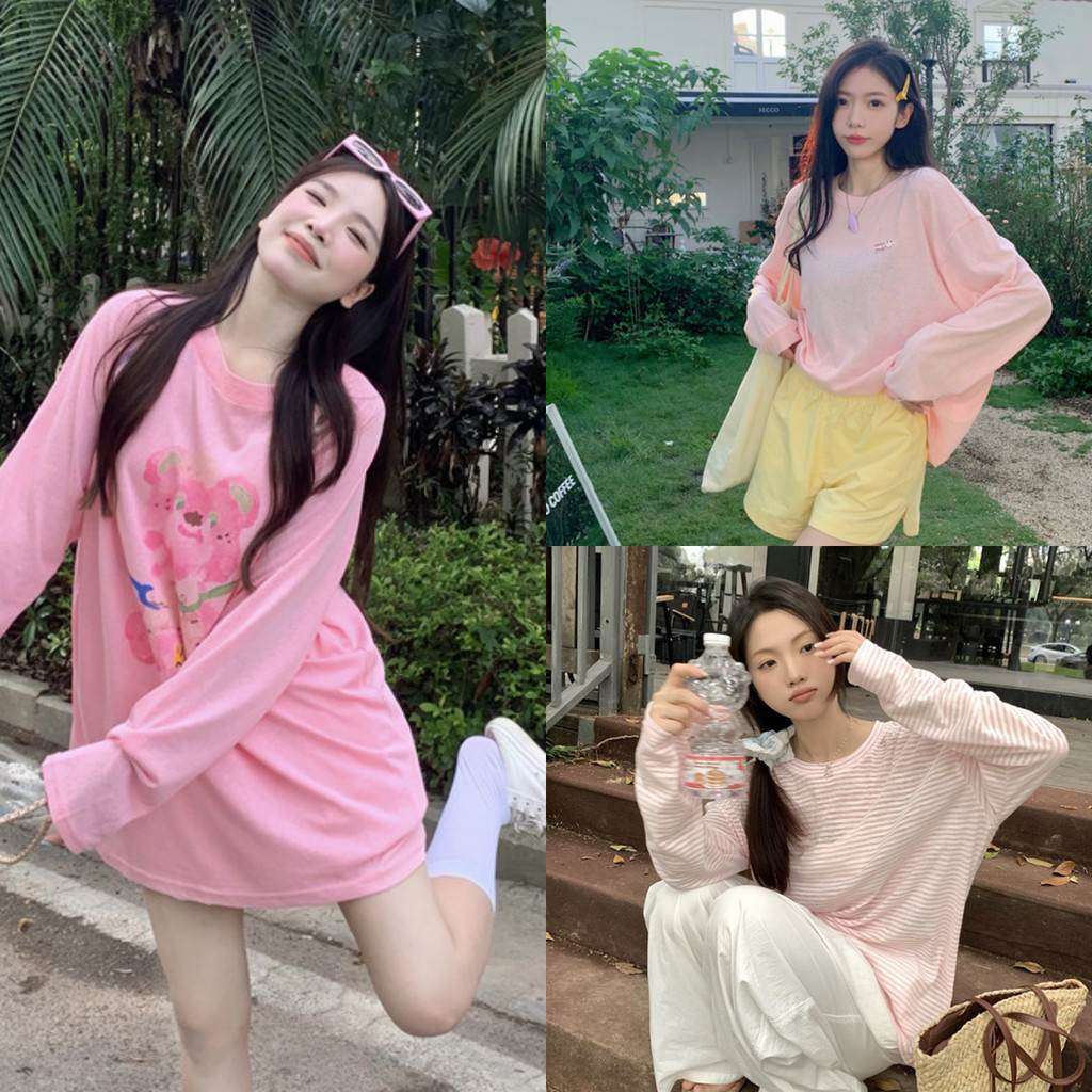 เสื้อยืดแขนยาวสไตล์เกาหลีสีชมพูพิมพ์ลายน่ารักฤดูใบไม้ผลิและฤดูใบไม้ร่วง อิน สไตล์รอบคอเสื้อยืดแขนยาว ขนาดใหญ่เกินไป หลวมขนาดใหญ่เส