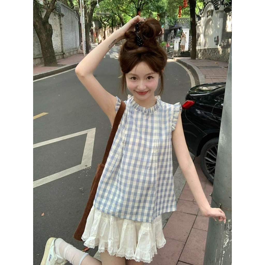 Amber~เสื้อเชิ้ต คอกลม แขนกุด สไตล์น่ารัก แฟชั่นเวอร์ชั่นเกาหลี