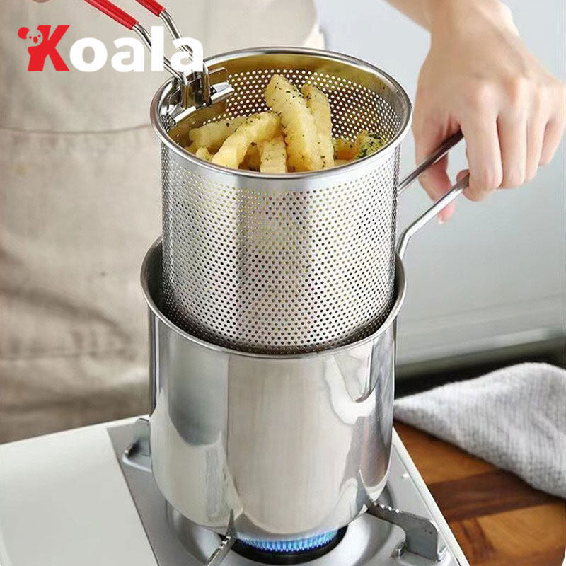 KOALA หม้อทอดไฟฟ้าสำหรับใช้ในครัวเรือนหม้อมินิแก๊สสแตนเลส สไตล์ญี่ปุ่นพร้อมตะแกรงกรองหม้อทอดขนาดเล็กประหยัดน้ำมัน