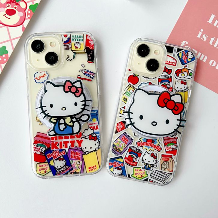 Yummy Full Snack Hello Kitty Adsorbable Popsocket Soft TPU Case HPสําหรับIP iPhone 7 8 14 15 16 + Plus 6 6S SE 2020 2022 X XS XR 11 12 13 Pro MaxปลอกเงินApple