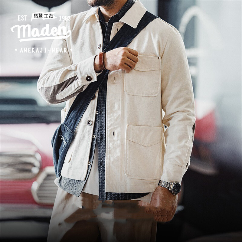 MADEN ยี่ห้อ workwear สไตล์ชายหนุ่ม 2024 ฤดูใบไม้ร่วงสินค้าใหม่ Gough guy retro heavyweight แจ็คเก็ตสิ่งทอลายทแยงผ้าฝ้ายแท้ปก corduroy splicing แจ็คเก็ต