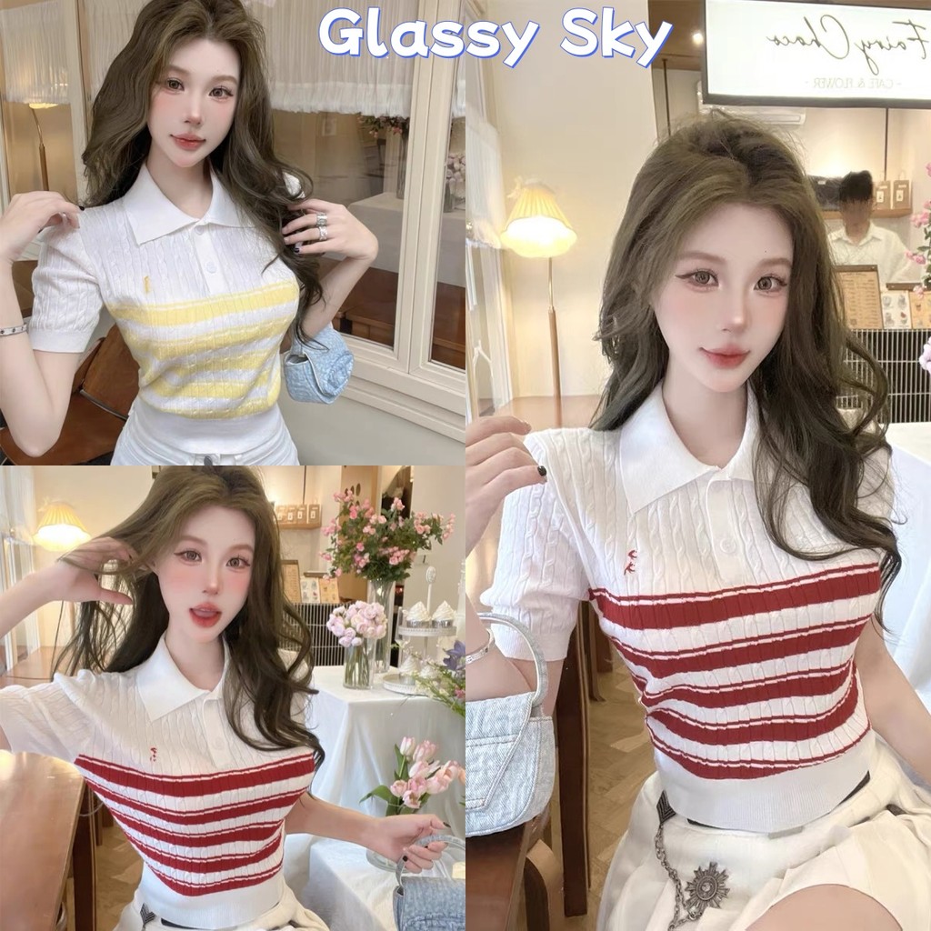 Glassy Sky พร้อมส่ง เสื้อครอกไหมพรมแขนสั้น คอปก ดีเทลแต่งลายทางสีสดใส ใส่สบาย เกาหลี เสื้อแฟชั่น(AC17)
