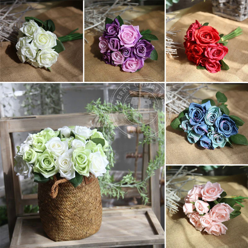 9 head / Bundle Simulated Rose Bouquet Wholesale Fake Flowers Wedding Handhold Flowers Home Decorati