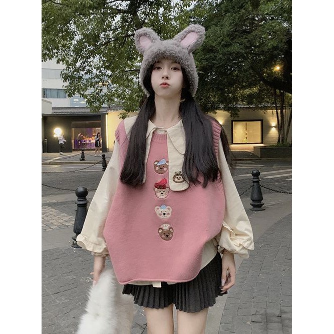 สูท ผู้หญิงน่ารักหมีปักเสื้อกั๊ก+ท็อปส์นักเรียนวิทยาลัยแฟชั่นหลวมยาว