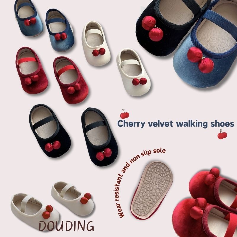 ทารกเพศหญิงน่ารัก4สีเชอร์รี่สักหลาดวงยืดหยุ่นสีทึบเจ้าหญิงรองเท้าเด็กวัยหัดเดิน รองเท้าเด็กหัดเดิน