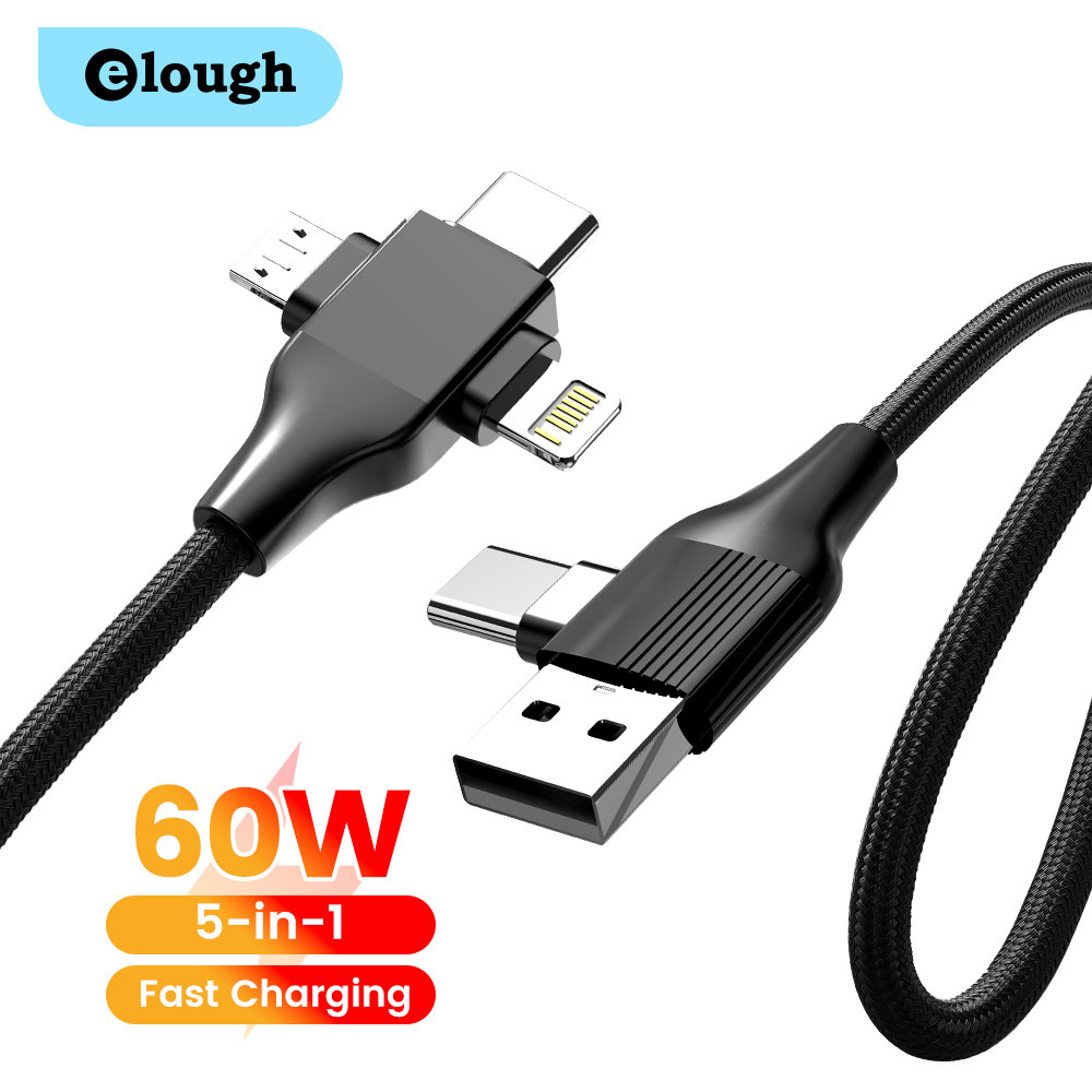 Elough 5 in 1 สาย USB PD 60W Micro USB/Type C ชาร์จเร็วสายโทรศัพท์มือถือลวด
