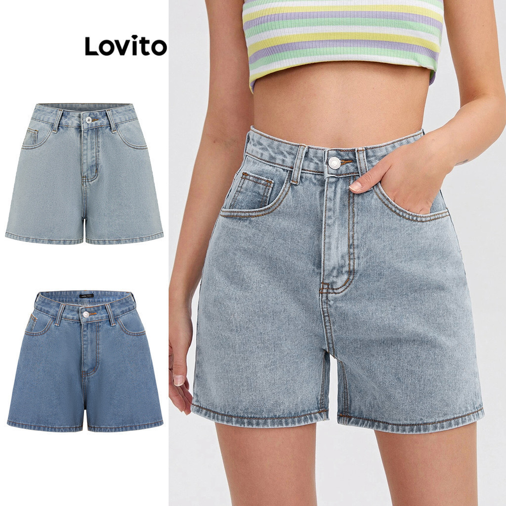 Lovito กางเกงยีนส์ขาสั้นหญิง มีกระเป๋า สีพื้น สไตล์ลำลอง L79AD101(หลากสี)