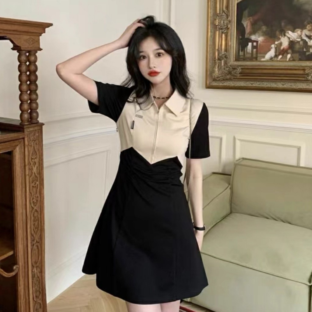 เดรสตัดต่อสไตล์ฝรั่งเศส ปกปอโล ใหม่ล่าสุด สำหรับฤดูร้อน ขายาว เปิดข้าง
