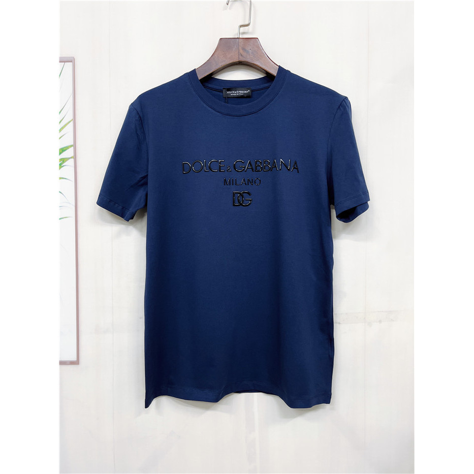D0lce & GABBA ผู้ชายใหม่สามมิติโลโก้ Monogram พิมพ์ผ้าฝ้ายลูกเรือคอ SS เสื้อยืด S-4XL สีน้ําเงินเข้ม