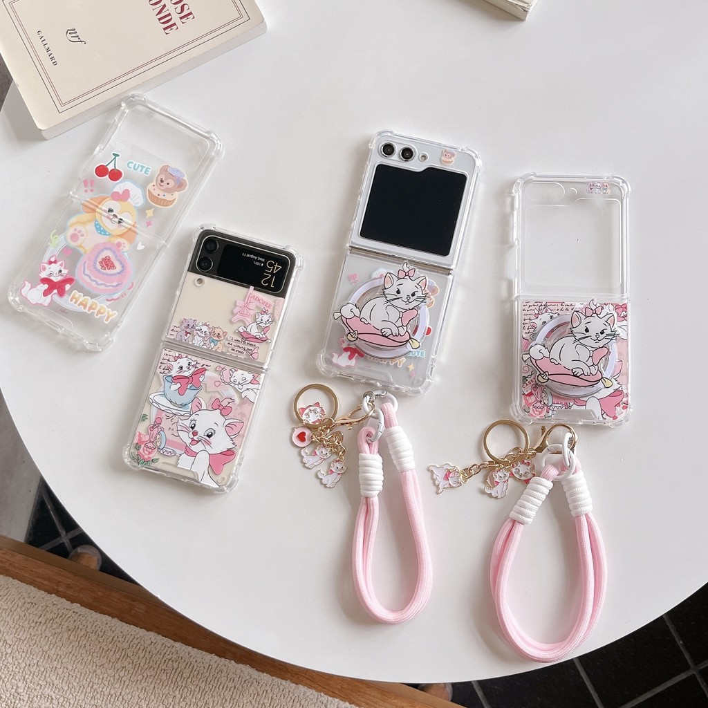 Flip 6 Samsung Galaxy Z Flip5 เคสดูดซับแม่เหล็กน่ารักการ์ตูนแมวมารีพร้อมโซ่วงเล็บ Z Flip4 Flip3 กรณีกันกระแทกแข็งโทรศัพท์ความคิดสร้างสรรค์กรณีปก
