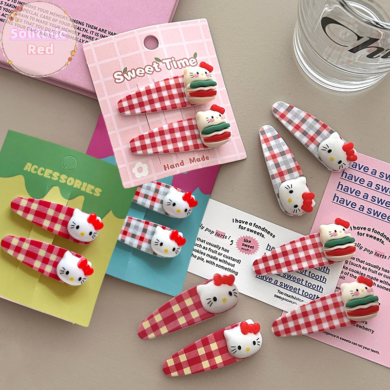 Solitudered 2 ชิ้นน่ารัก Hello Kitty Checkered Hairpin น่ารักการ์ตูน KT กิ๊บติดผมหวาน Girly BB คลิปด้านข้าง Bang คลิปสาวอุปกรณ์เสริมผม TH