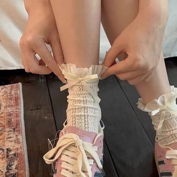 "Broken Angel" Bow Thin Lace Trim ถุงเท้าผู้หญิงกลางหลอดฤดูร้อนบัลเล่ต์สไตล์ถุงเท้าสุทธิถุงเท้ากองถุงเท้า