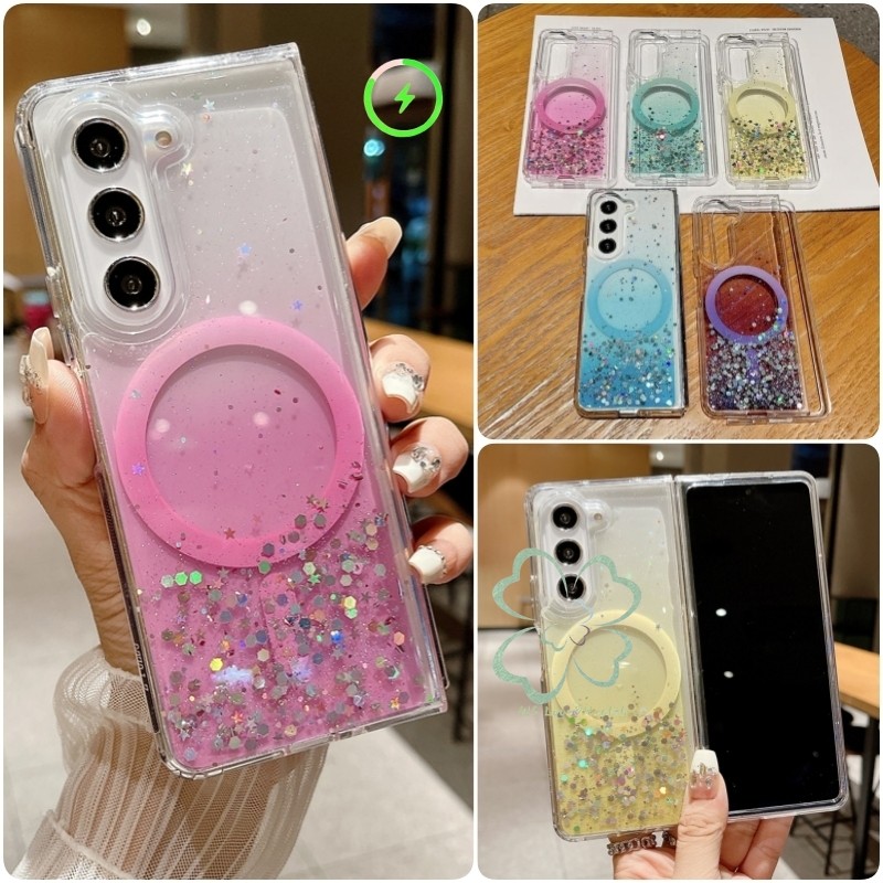 แฟชั่น Glitter Bling Gradient Magnetic Clear Case Samsung Galaxy Z พับ 6 Z พับ 5 Z พับ 4 Z พับ 3 Hard PC ปลอก Four Coner Anti Drop กันกระแทกฝาครอบป้องกัน Fold6 Fold5