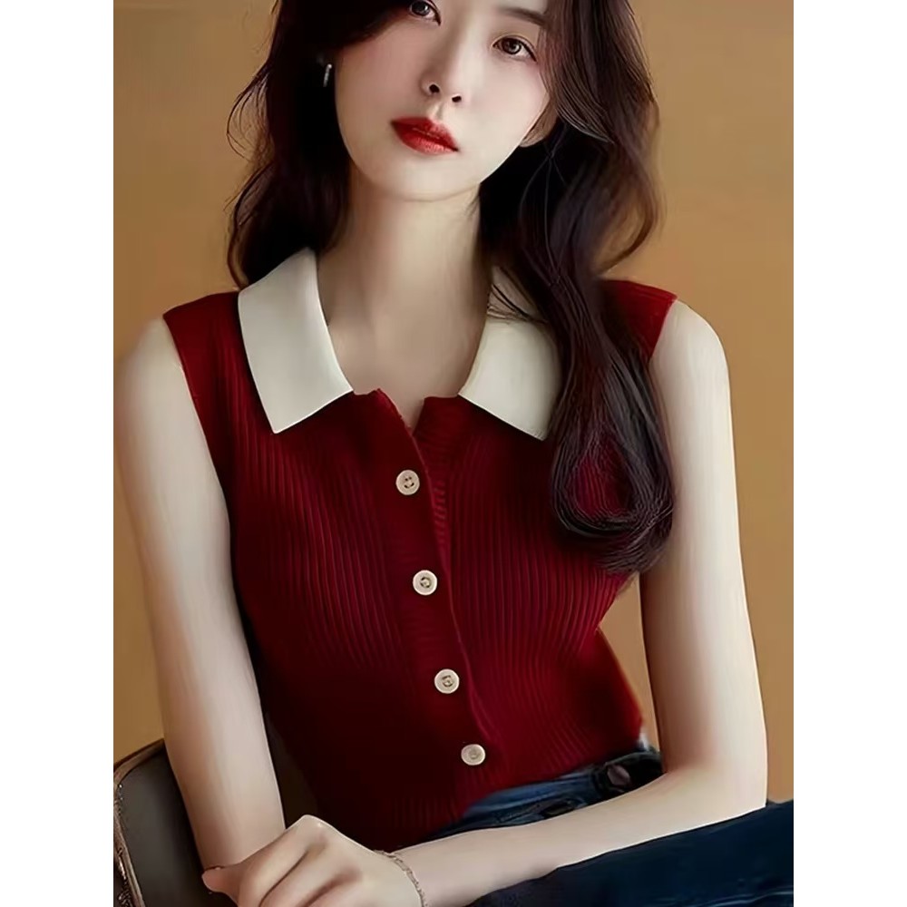 เสื้อแขนกุดสไตล์ชาแนลสไตล์ฝรั่งเศสแบบใหม่ฤดูร้อนเสื้อกล้ามสายเดี่ยวใส่แล้วดูผอมคอโปโลระดับไฮเอนด์สำหรับผู้หญิงเข็ม Ma Hunde x6li