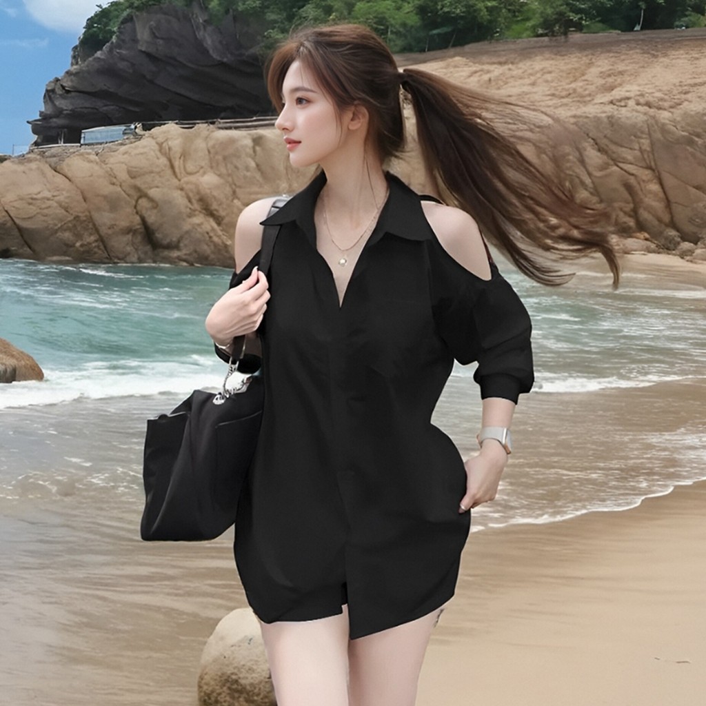 เสื้อเชิ้ตผู้หญิงแขนยาวคอปกใหม่ ดีไซน์เปิดไหล่
