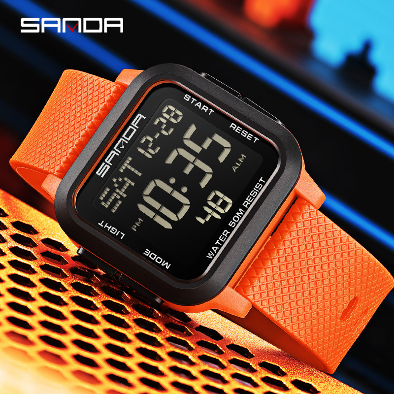 Sanda Square นาฬิกาสีทึบ Retro อินเทรนด์ Night Light กันน้ําอิเล็กทรอนิกส์นาฬิกาผู้ชาย SD2194-3