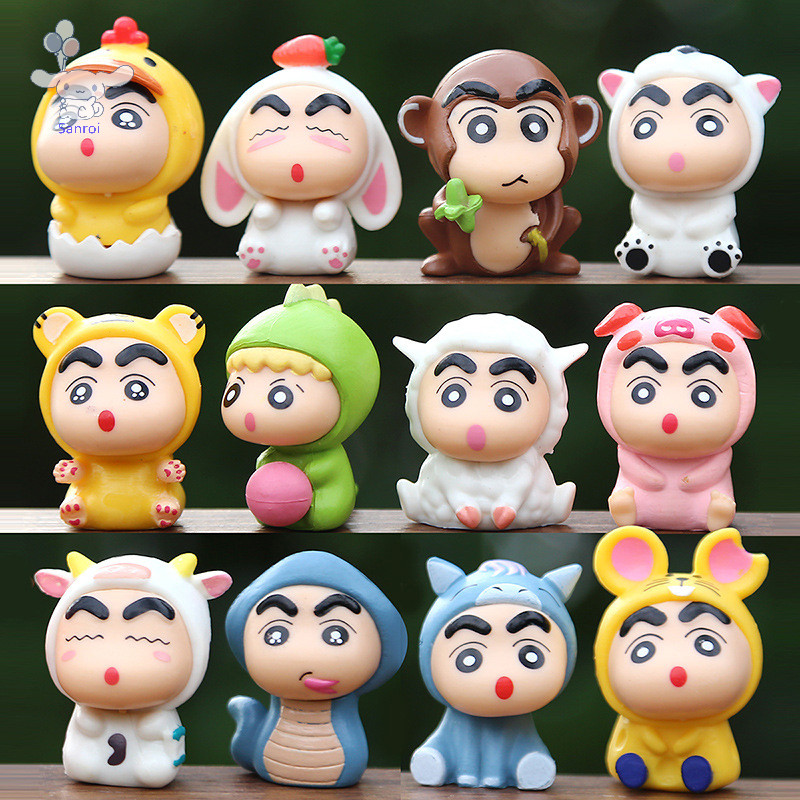 [San] 12 ชิ้น/เซ็ตการ์ตูน Crayon Shin Chan Action Figure Kawaii ตุ๊กตาของสะสมภาพยนตร์อุปกรณ์ต่อพ่วงของเล่นของขวัญสําหรับเด็ก POP