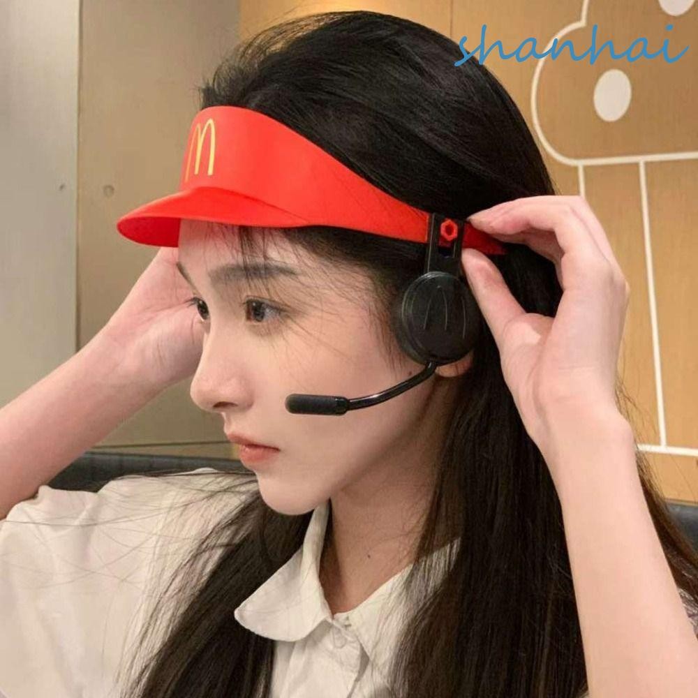 Shanhai หมวกสีแดง หมวกเซลฟี่ บังแดด หมวกแมคโดนัลด์ ชุดของเล่นสําหรับครอบครัว ของเล่นปิดปาก หมวกวิทยุสื่อสาร อัลลอย สีแดง หมวกแคชเชียร์ ไมโครโฟน