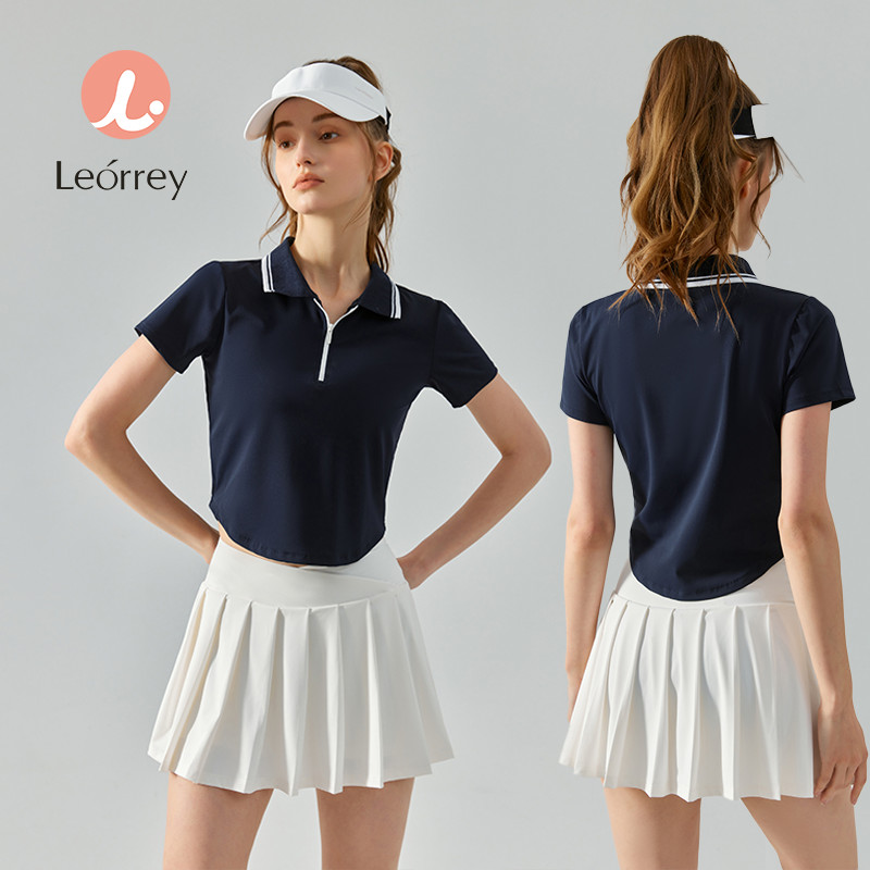 Leorrey-ปลอกคอโปโล แขนสั้นเสื้อยืดโยคะแขนสั้นเสื้อออกกำลังกาย