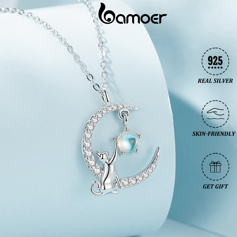Bamoer สร้อยคอผู้หญิง S925 สร้อยคอเงิน Cat & Moon Ins จี้ปรับเครื่องประดับอุปกรณ์เสริมของขวัญสําหรับผู้หญิงหญิง